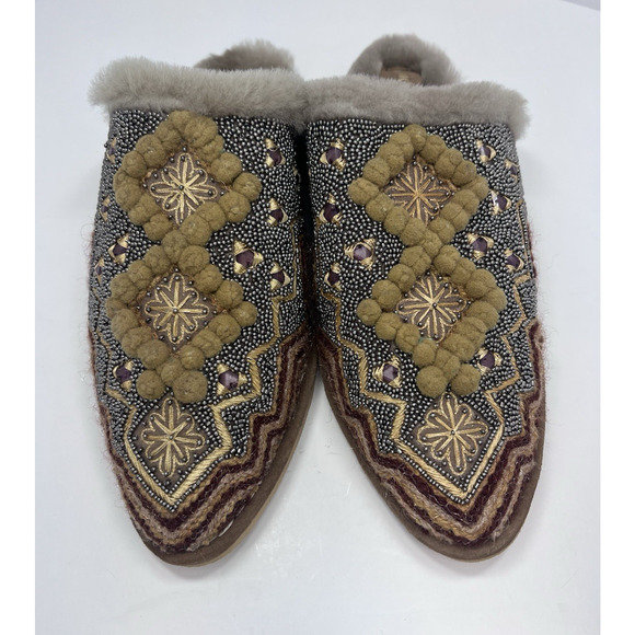 Laidback London Women's Handmade Boho Beaded Slide Slippers Sz38 (7.5) Fur Lined - Picture 2 of 11